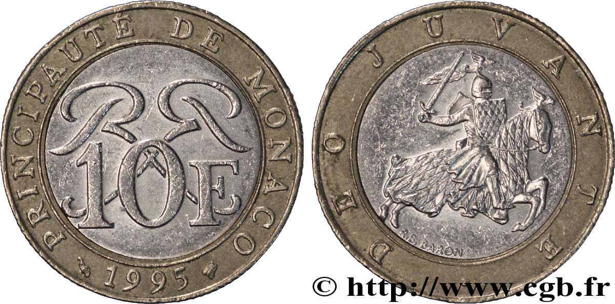 MONACO 10 Francs monogramme de Rainier III / chevalier en armes 1995 Paris TTB 