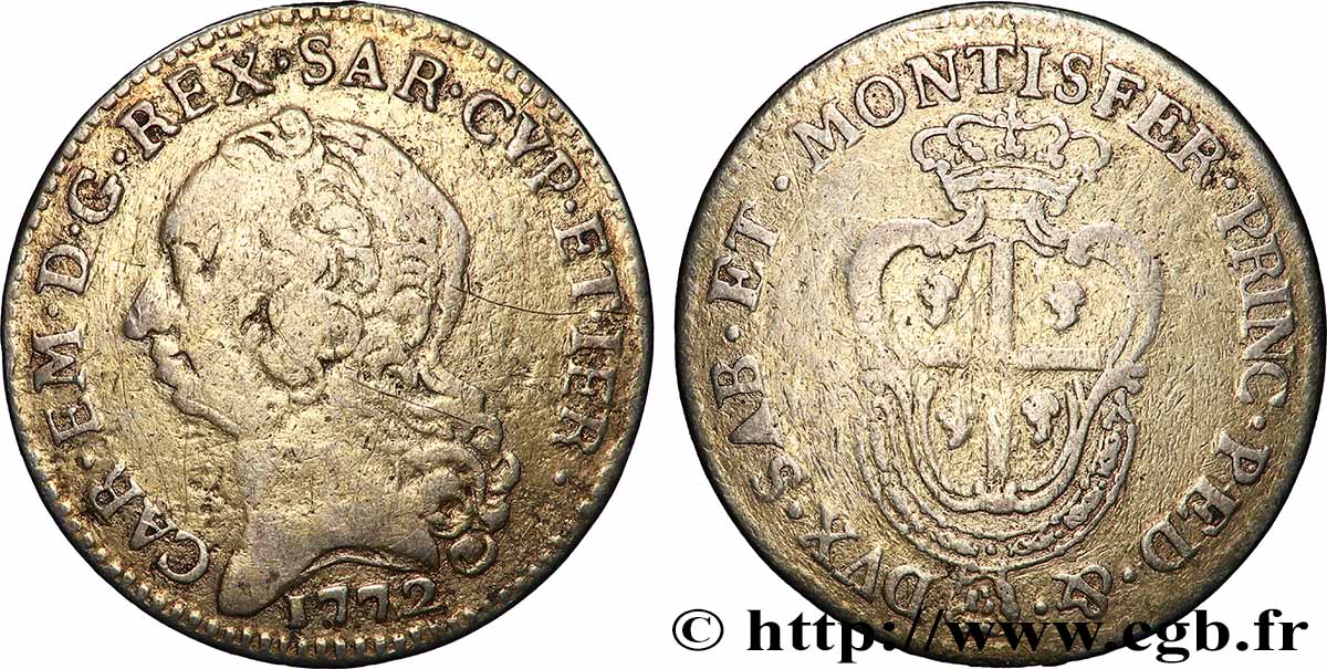 ITALY - KINGDOM OF SARDINIA - CHARLES EMMANUEL III 1/4 Scudo 1772 Turin F