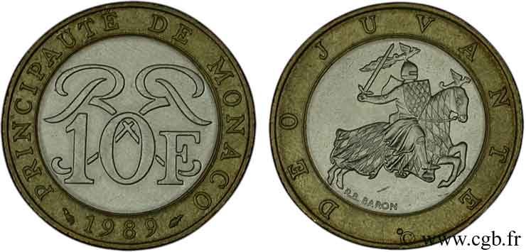 MONACO 10 Francs monogramme de Rainier III / chevalier en armes 1989 Paris TTB 