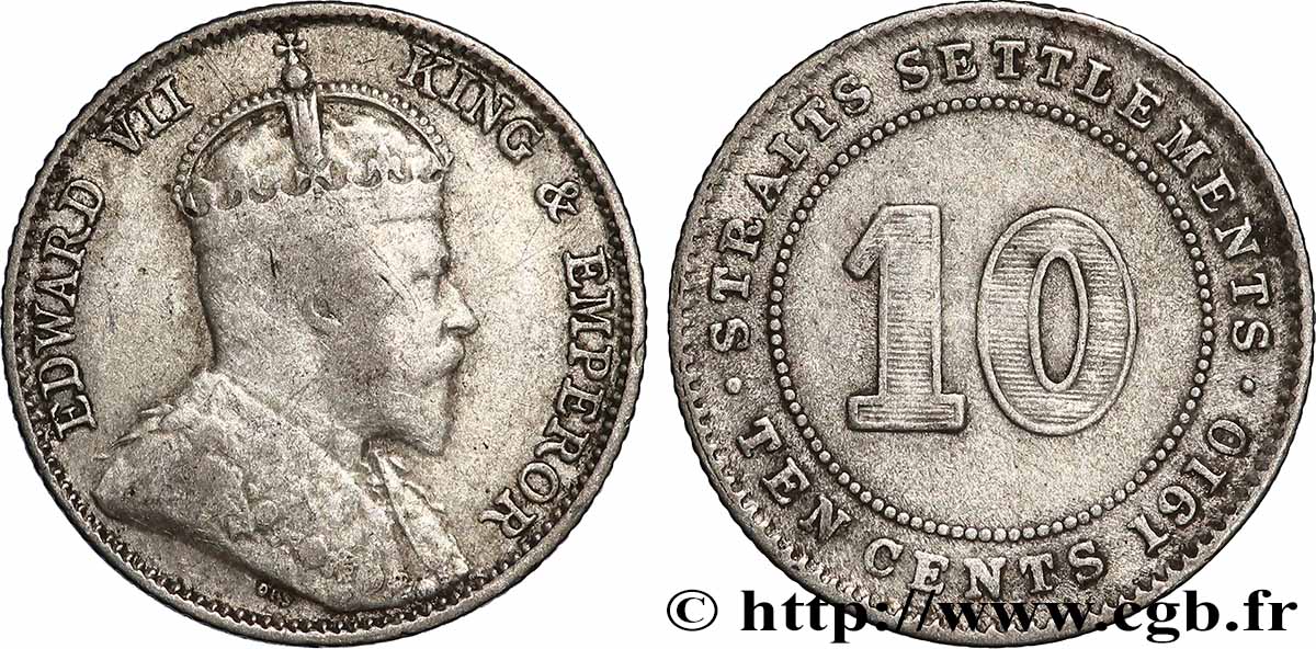 INSEDIAMENTI DELLO STRETTO 10 Cents Straits Settlements Edouard VII 1910 Bombat q.BB