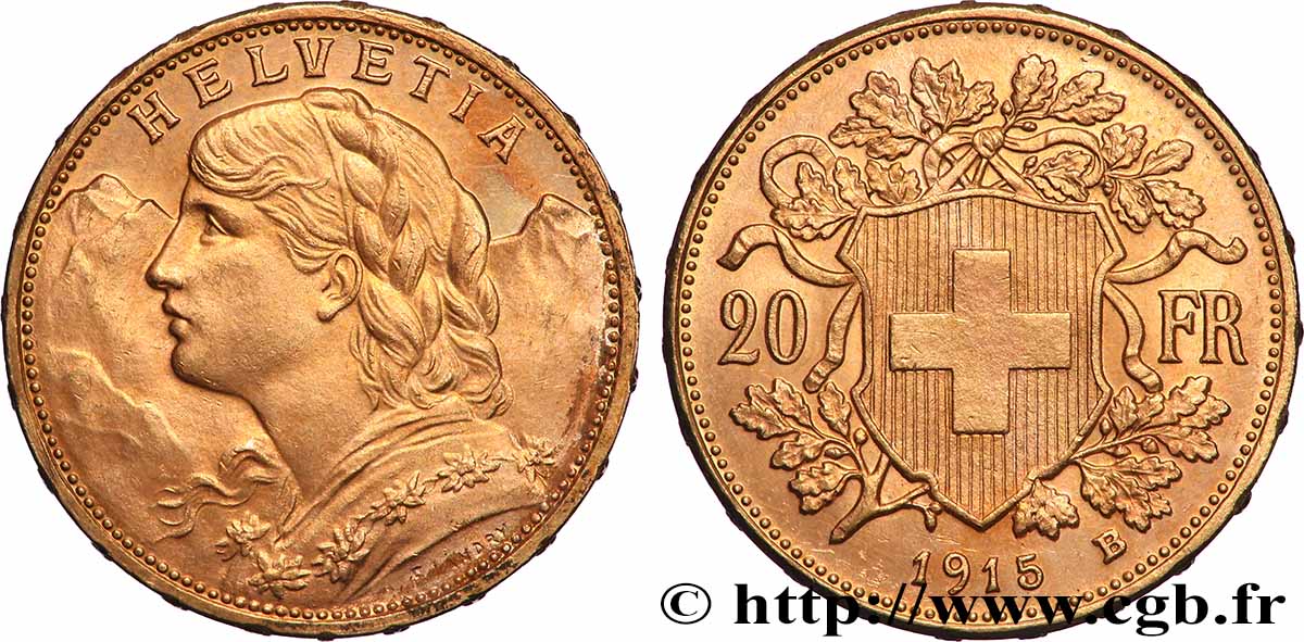 GOLD, PALLADIUM & PLATINUM INVESTMENT 20 Francs Vreneli 1915 Berne MS