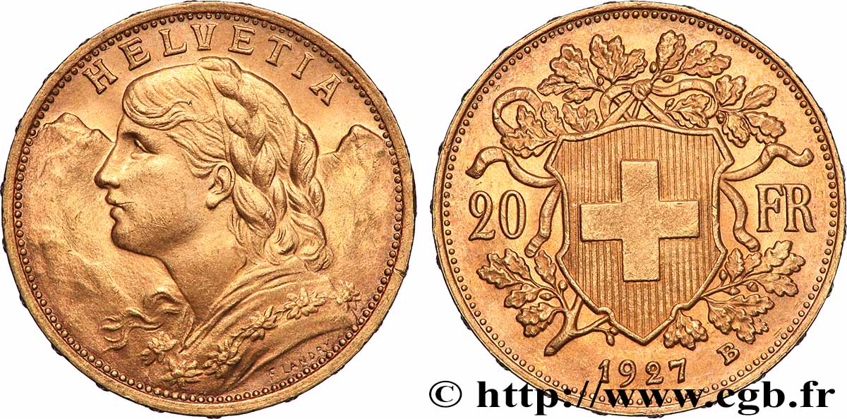 GOLD, PALLADIUM & PLATINUM INVESTMENT 20 Francs or Vreneli 1927 Berne MS