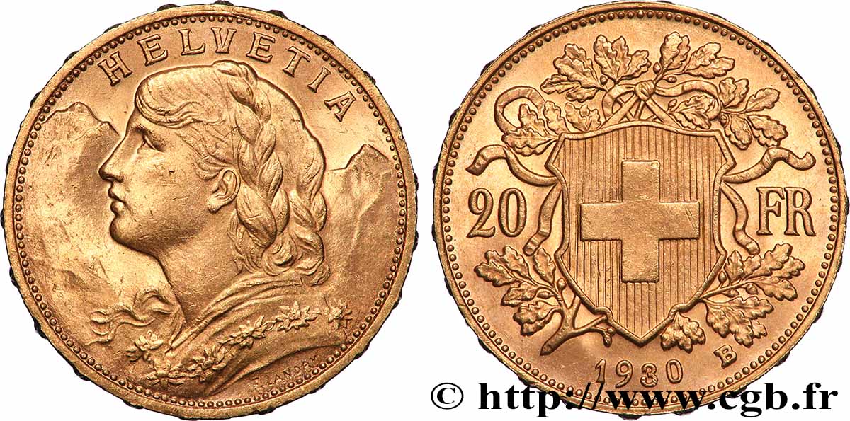 GOLD, PALLADIUM & PLATINUM INVESTMENT 20 Francs Vreneli 1930 Berne AU