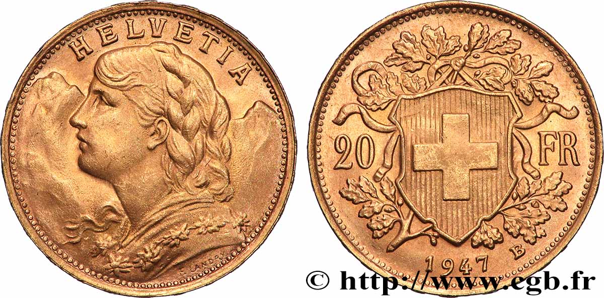 GOLD, PALLADIUM & PLATINUM INVESTMENT 20 Francs or Vreneli 1947 Berne MS