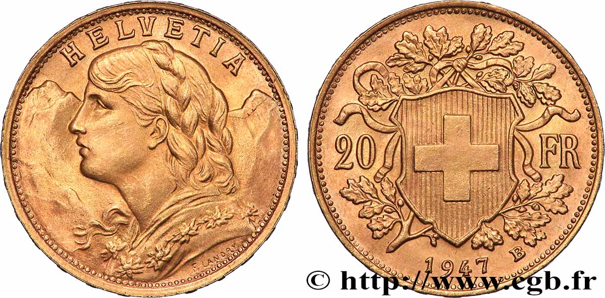 GOLD, PALLADIUM & PLATINUM INVESTMENT 20 Francs or Vreneli 1947 Berne MS
