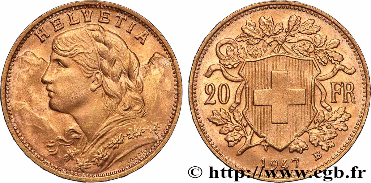 GOLD-, PALLADIUM- UND PLATIN-INVESTITIONEN 20 Francs or Vreneli 1947 Berne fST