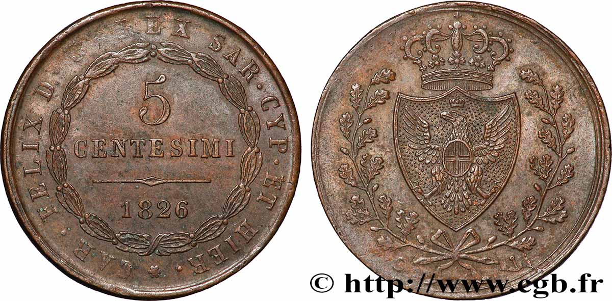 ITALIA - REGNO DE SARDINIA 5 Centesimi type au “P” 1826 Turin BB