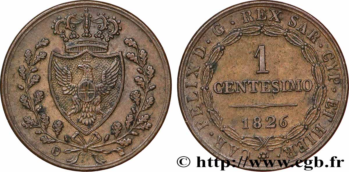ITALY - KINGDOM OF SARDINIA 1 Centesimo Charles Félix “P” 1826 Turin XF