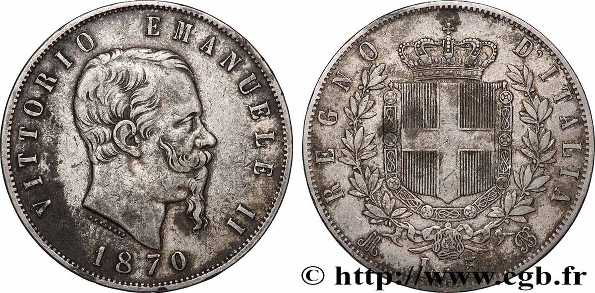 ITALY - KINGDOM OF ITALY - VICTOR-EMMANUEL II 5 Lire 1870 Milan AU