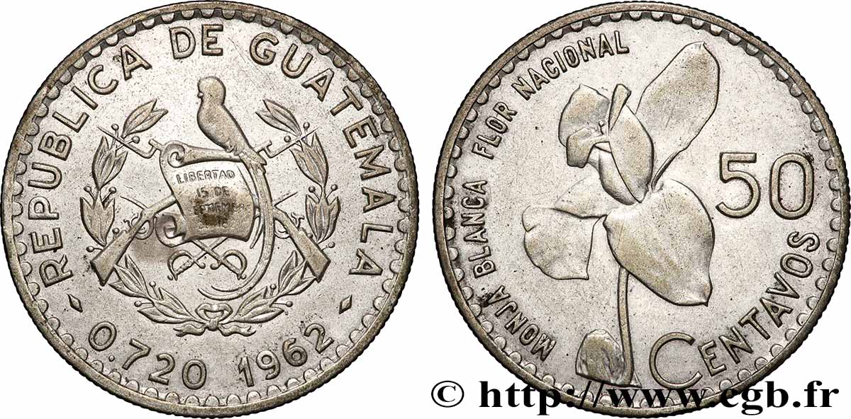 GUATEMALA 50 Centavos orchidée Monja Blanca 1962 Guatemala MBC