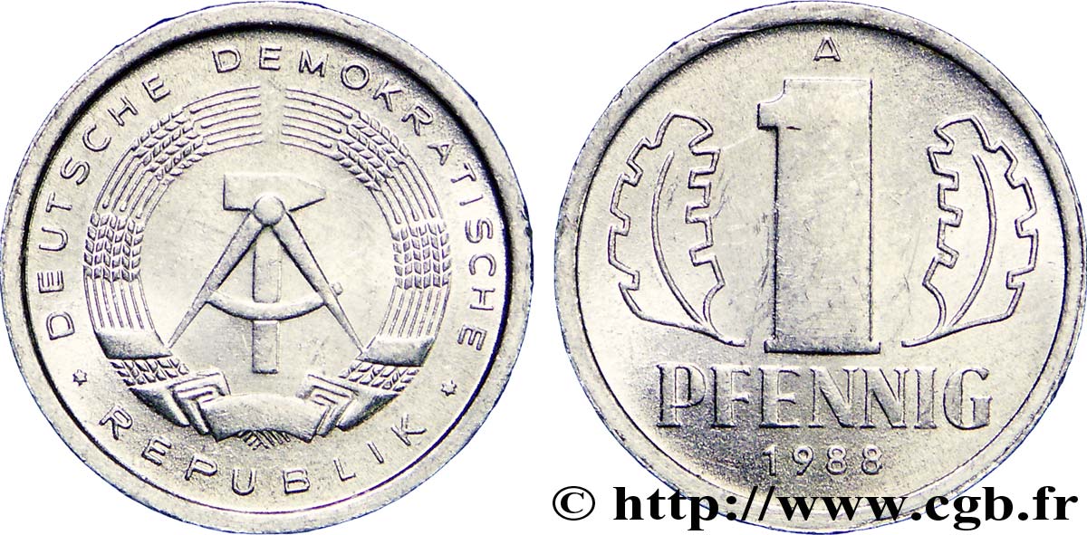 ALLEMAGNE RÉPUBLIQUE DÉMOCRATIQUE 1 Pfennig emblème de la RDA 1988 Berlin SUP 