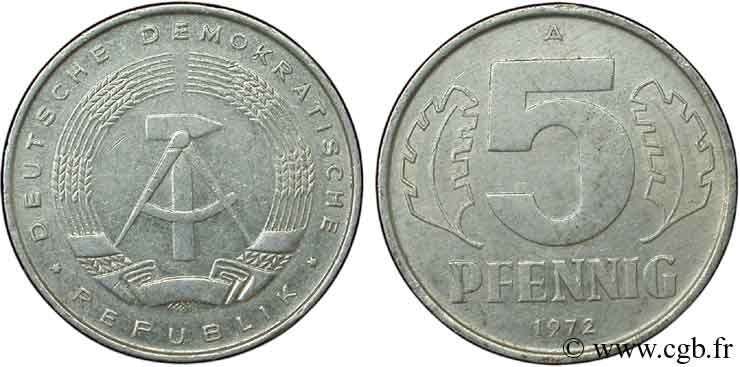 ALLEMAGNE RÉPUBLIQUE DÉMOCRATIQUE 5 Pfennig emblème de la RDA 1972 Berlin TTB 