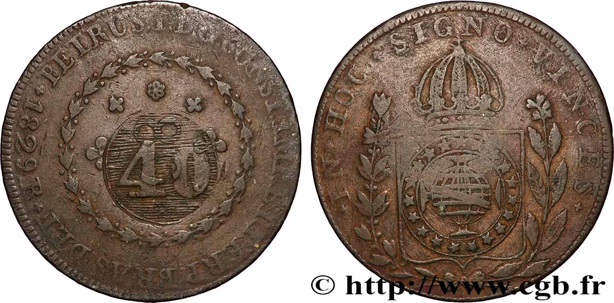 BRAZIL 40 Réis Pierre II du Brésil contremarqué sur une 80 Réis 1829 (1835) Rio de Janeiro XF