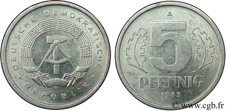 ALLEMAGNE RÉPUBLIQUE DÉMOCRATIQUE 5 Pfennig emblème de la RDA 1983 Berlin SUP 