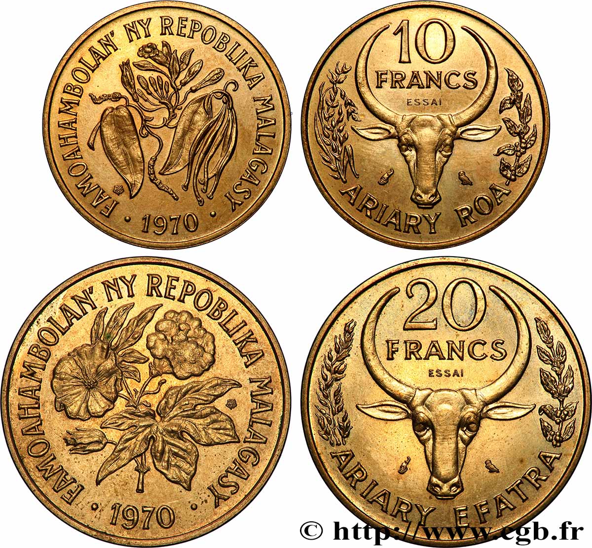 MADAGASCAR Essais de 10 et 20 Francs - 2 Ariary buffle / fleurs 1970 Paris MS