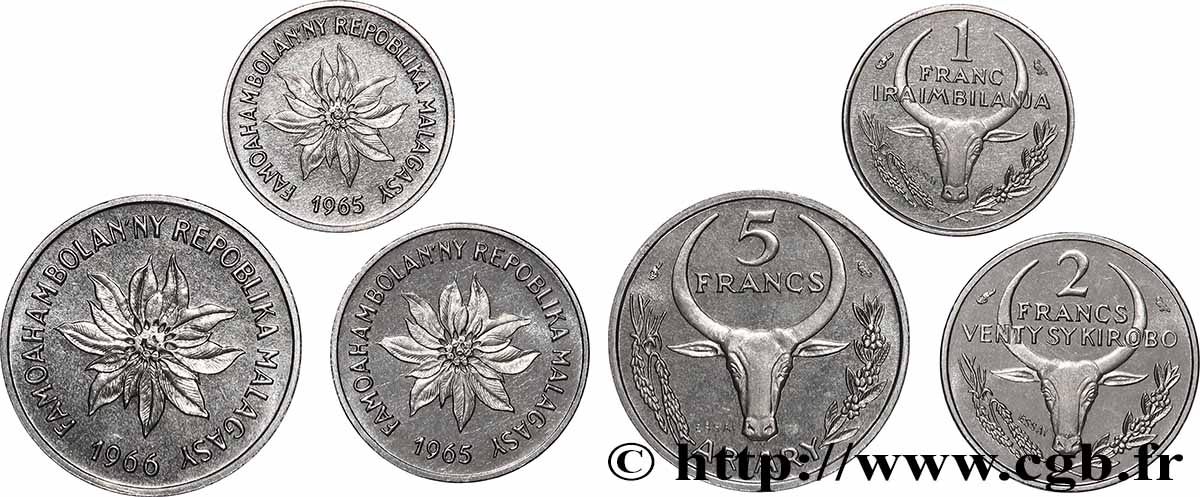 MADAGASCAR Essais de 5, 2 et 1 Francs 1965-1966 Paris SPL