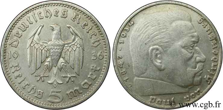 ALLEMAGNE 5 Reichsmark Maréchal Paul von Hindenburg 1936 Munich - D TTB 