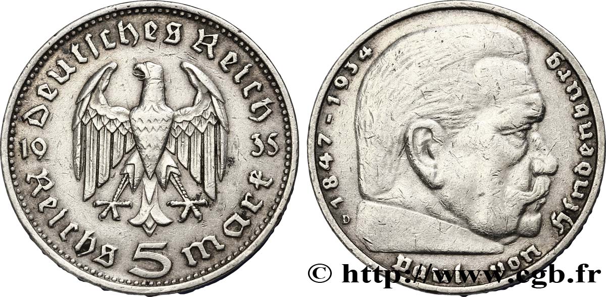 ALLEMAGNE 5 Reichsmark Aigle / Maréchal Paul von Hindenburg 1935 Munich TTB 