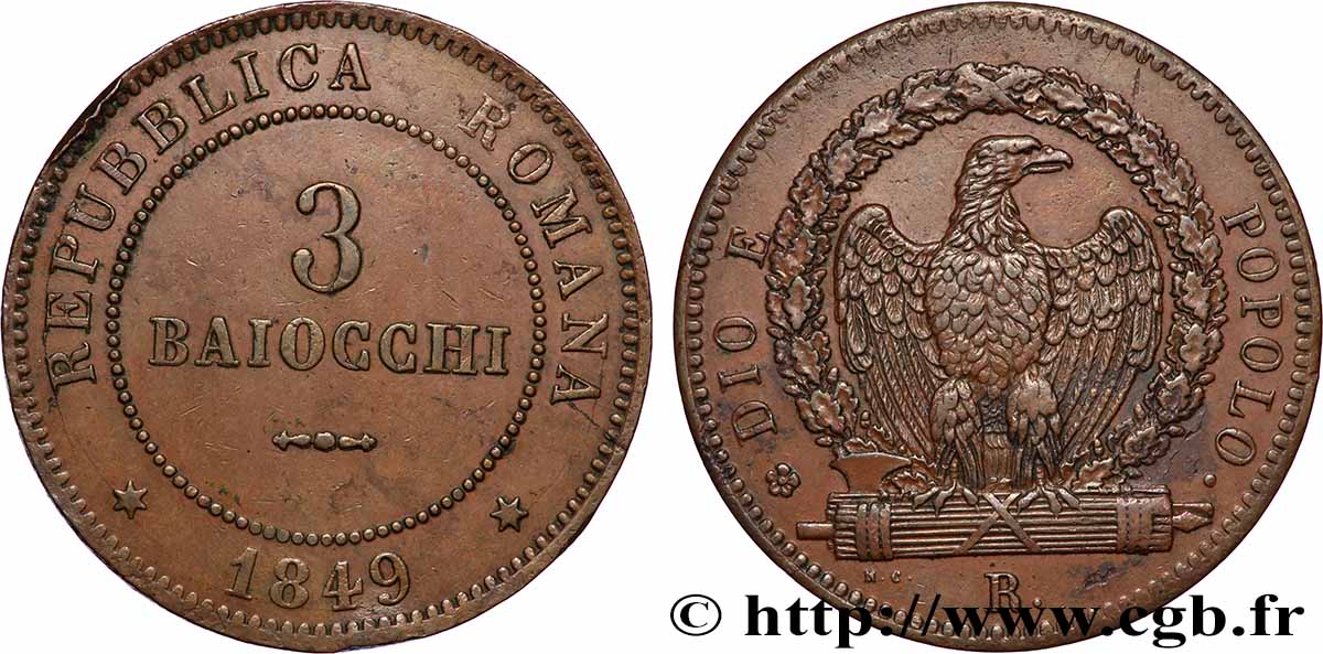 ITALIA - REPUBBLICA ROMANA 3 Baiocchi 1849 Rome q.SPL