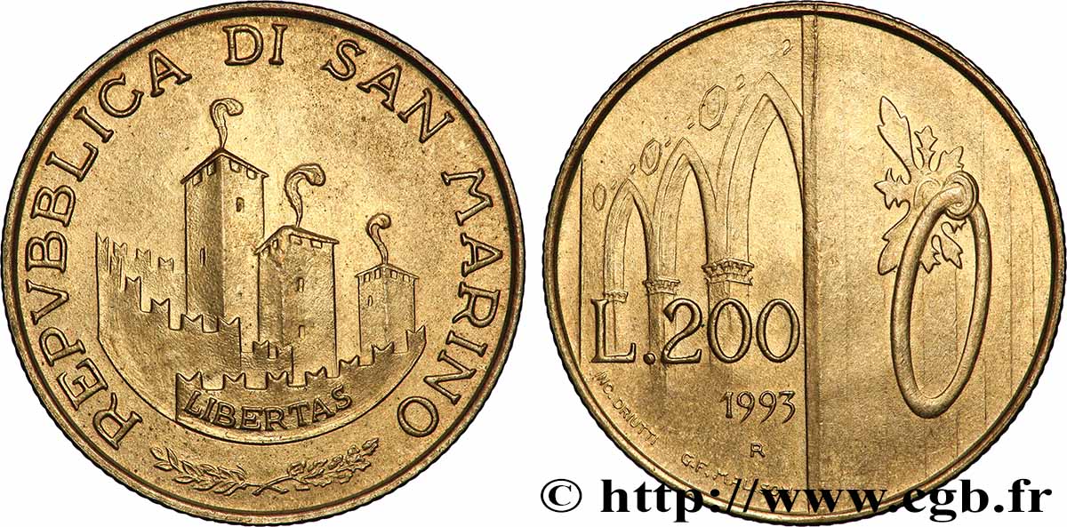 SAN MARINO 200 Lire 16 siècles d’histoire : vue des 3 chateaux / arches et porte 1993 Rome AU