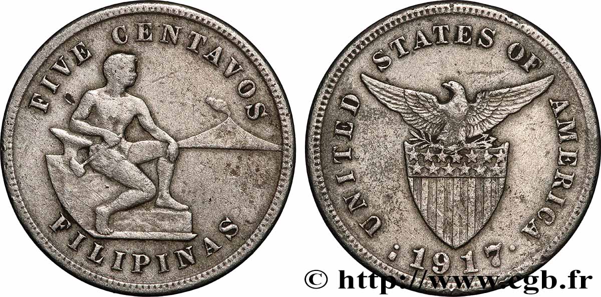PHILIPPINES 5 Centavos - Administration Américaine 1917 San Francisco AU