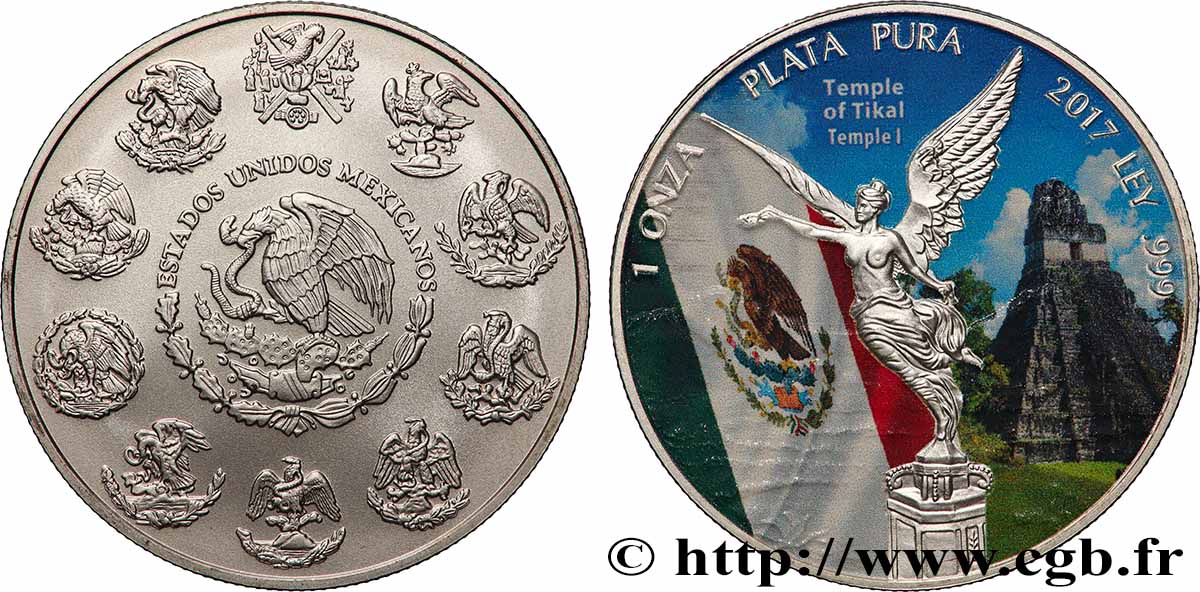MEXIQUE 1 Onza (Once) Victoire ailée colorisée Temple I du site de Tikal 2017 Mexico FDC