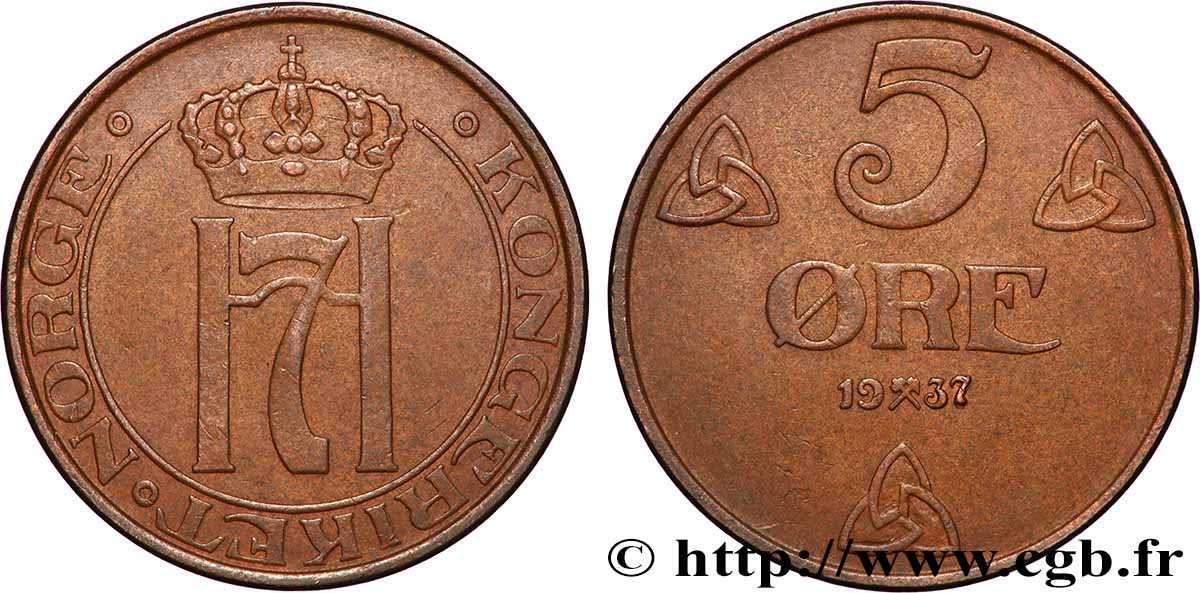 NORVÈGE 5 Ore Haakon VII 1937 Kronsberg TTB