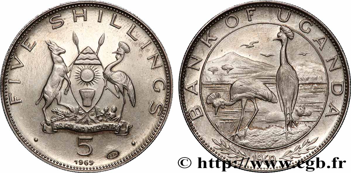 UGANDA 5 Shillings Proof Grue royale 1969 SPL