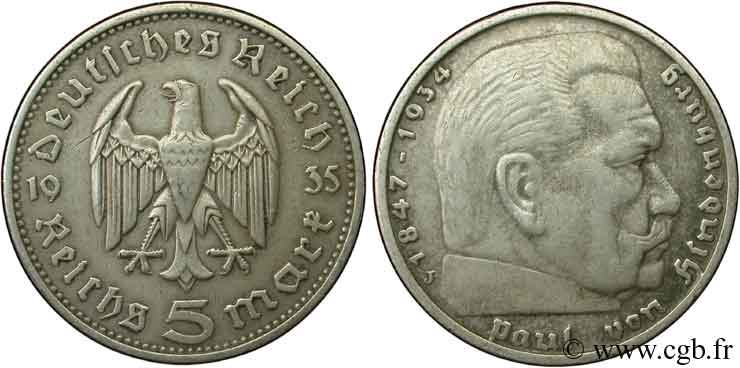 ALLEMAGNE 5 Reichsmark Maréchal Paul von Hindenburg 1935 Hambourg - J TTB 