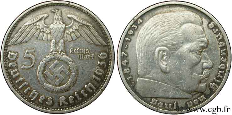 ALLEMAGNE 5 Reichsmark Maréchal Paul von Hindenburg 1936 Hambourg - J TTB 