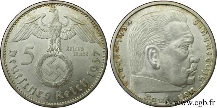 ALLEMAGNE 5 Reichsmark aigle surmontant une swastika / Maréchal Paul von Hindenburg 1937 Berlin SUP 