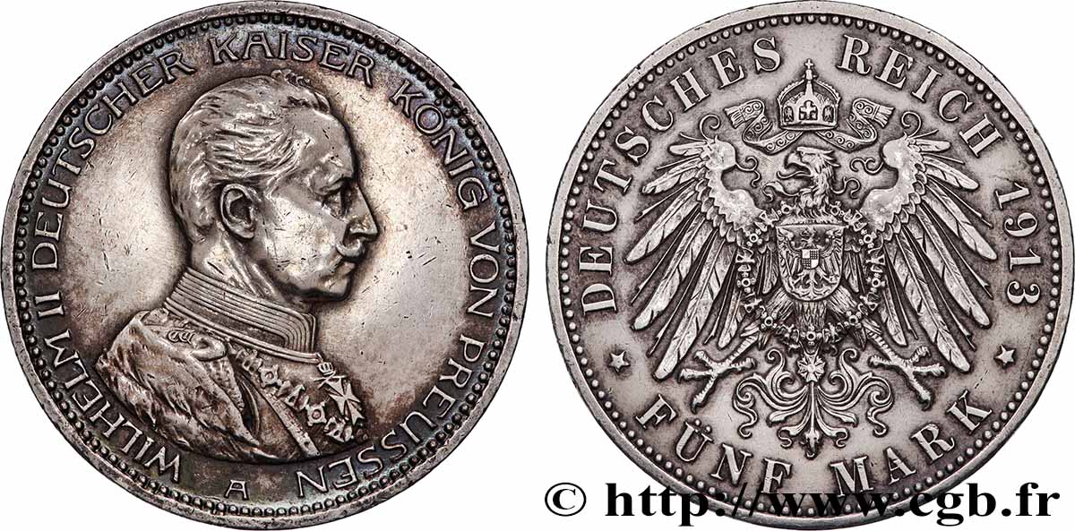 ALEMANIA - REINO DE PRUSIA - GUILLERMO II 5 Mark 1913 Berlin MBC+
