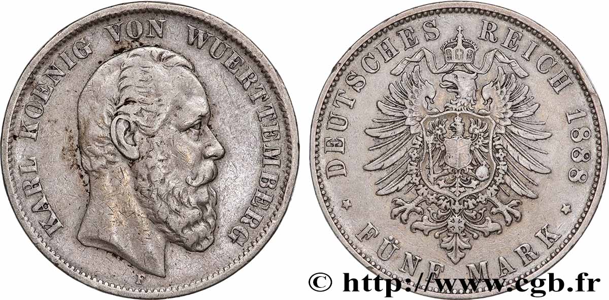GERMANY - WÜRTTEMBERG 5 Mark Charles Ier 1888 Stuttgart XF
