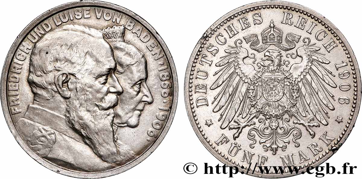 GERMANY - BADEN 5 Mark noces d’or de Frédéric et Louise / aigle 1906 Karlsruhe - G AU