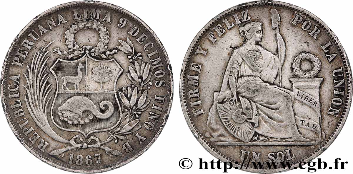 PERU 1 Sol “Liberté” assise 1867 XF