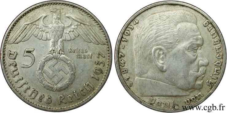 ALLEMAGNE 5 Reichsmark aigle surmontant une swastika / Maréchal Paul von Hindenburg 1937 Hambourg - J TTB 