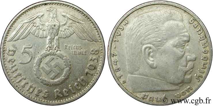 ALLEMAGNE 5 Reichsmark aigle surmontant une swastika / Maréchal Paul von Hindenburg 1938 Munich - D TTB 