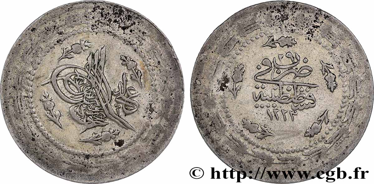 TURKEY 6 Kurush frappe au nom de Mahmud II AH1223 an 29 1835 Constantinople XF