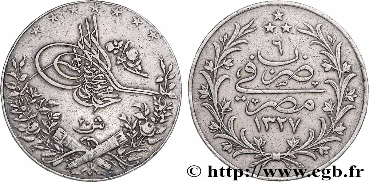 EGYPT 20 Qirsh Muhammad V an 1327 1913 Heaton XF