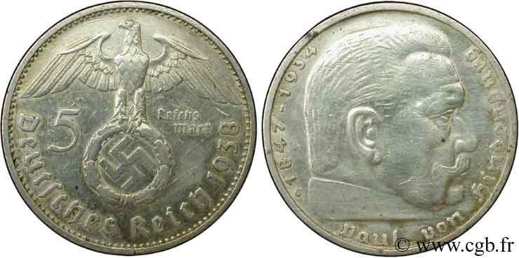 ALLEMAGNE 5 Reichsmark aigle surmontant une swastika / Maréchal Paul von Hindenburg 1938 Karlsruhe - G TTB 