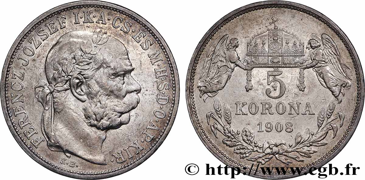 HUNGARY 5 Korona François-Joseph 1908 Kremnitz XF