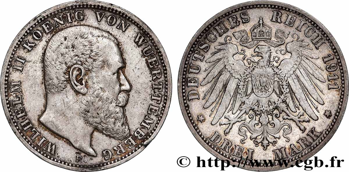 GERMANY - WÜRTTEMBERG 3 Mark Guillaume II 1911 Stuttgart XF
