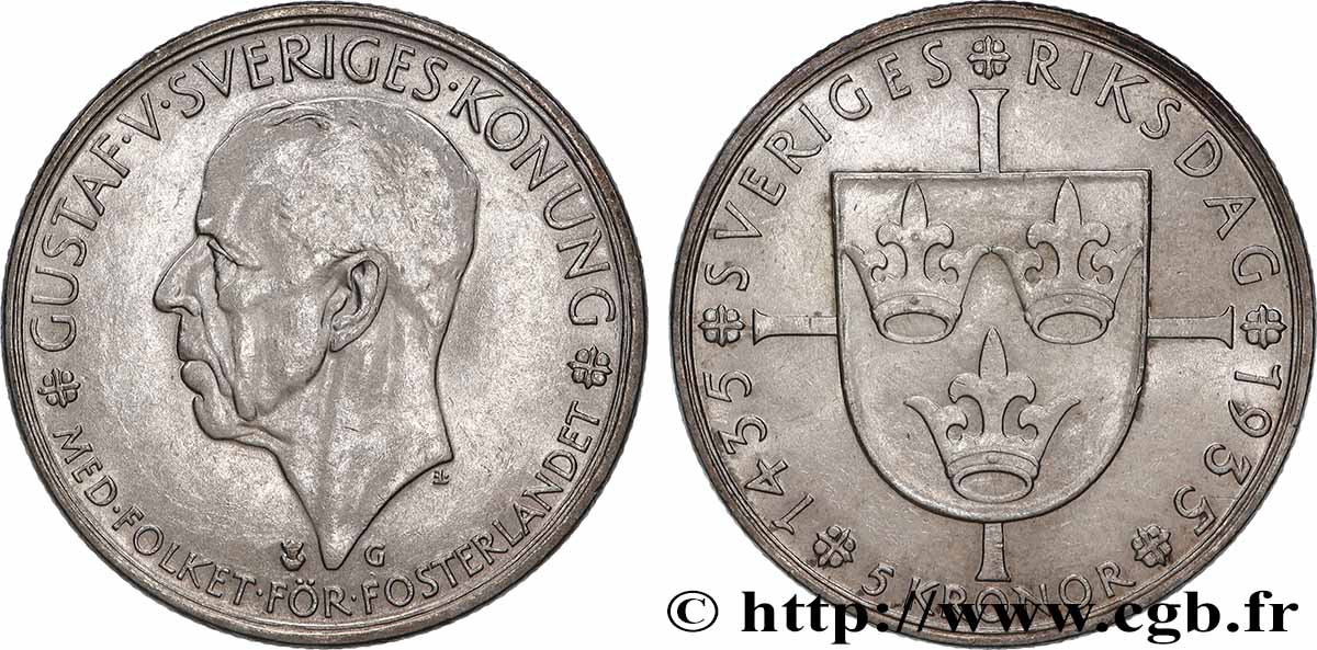 SWEDEN 5 Kronor Gustave V - 500e anniversaire du Riksdag 1935 AU