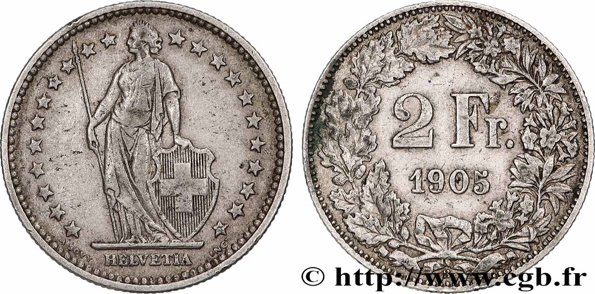 SCHWEIZ 2 Francs Helvetia 1905 Berne SS