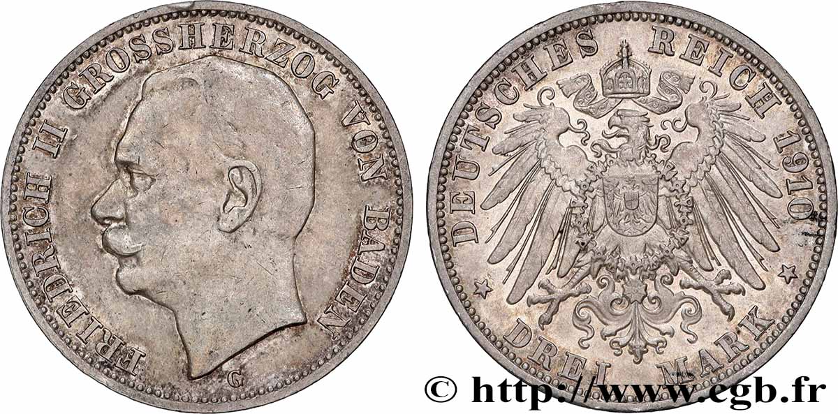 GERMANY - BADEN 3 Mark Frédéric II 1910 Karlsruhe - G AU