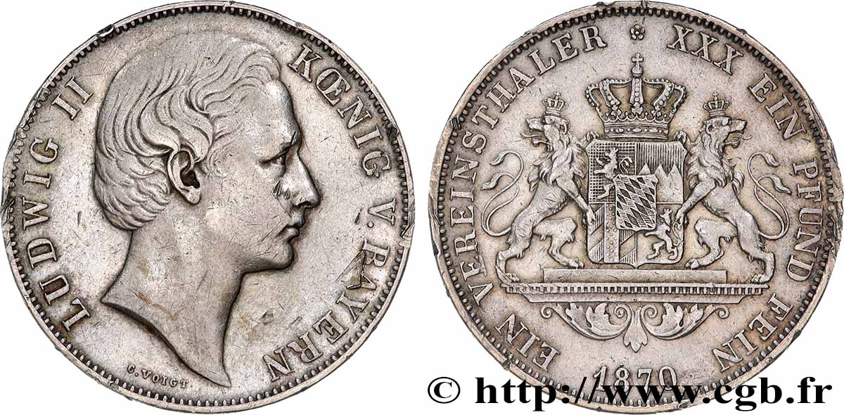 GERMANY - BAVARIA 1 Veirensthaler Louis II de Bavière 1870 XF