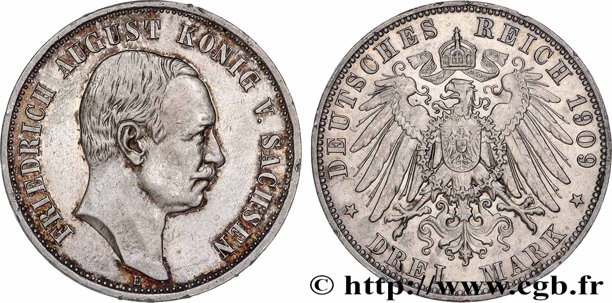 GERMANY - SAXONY 3 Mark Frédéric Auguste roi de Saxe 1909 Muldenhütten - E AU