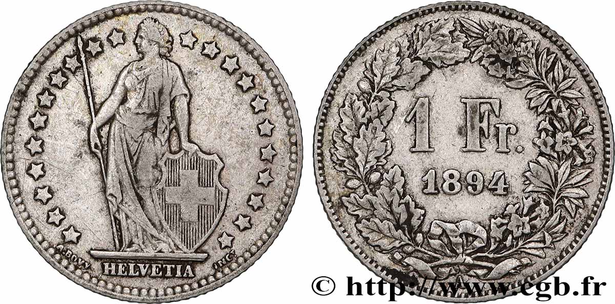 SWITZERLAND 1 Franc Helvetia 1894 Paris - A VF