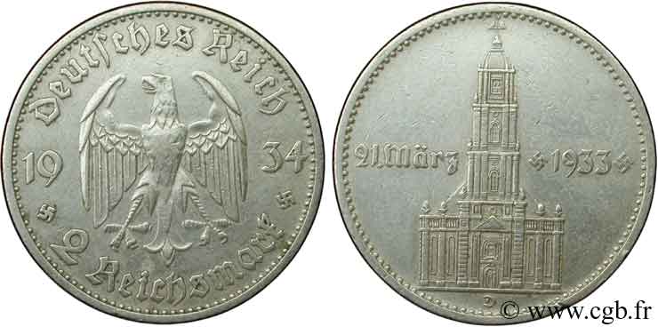 ALLEMAGNE 2 Reichsmark aigle / commémoration du serment du 21 mars 1933 en l’église de la garnison de Potsdam 1934 Munich - D TTB 