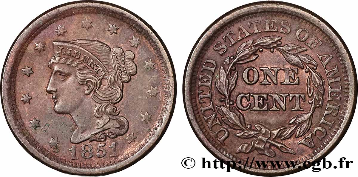 UNITED STATES OF AMERICA 1 Cent Liberté “Braided Hair” 1851 Philadelphie AU